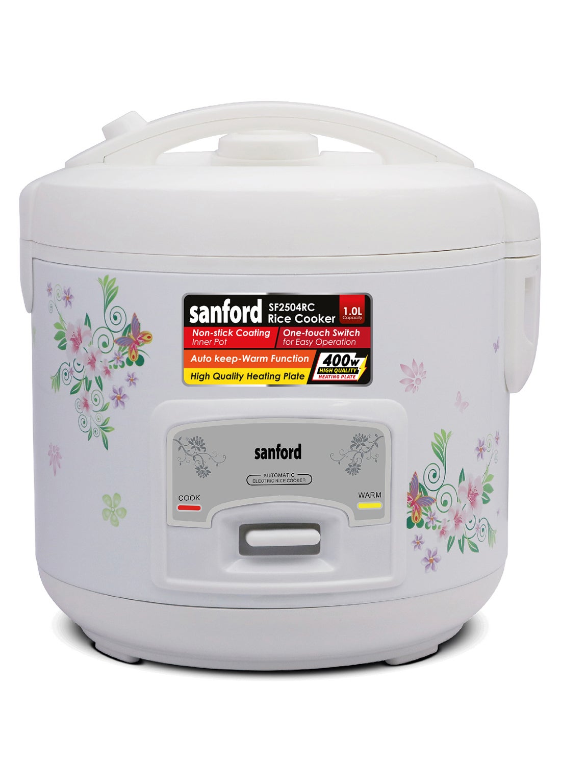 Sanford Rice Cooker 1 L 400 W SF2504RC-1.0L BSKitchen Storage1.0 Liter Automatic Rice Cooker. Automatic Cooking & Keep Warm Function. Unique Non-Stick Liner Technology. Non-stick Coated Aluminum Inner pot. High-quality Heating Plate. One-touch Switch for