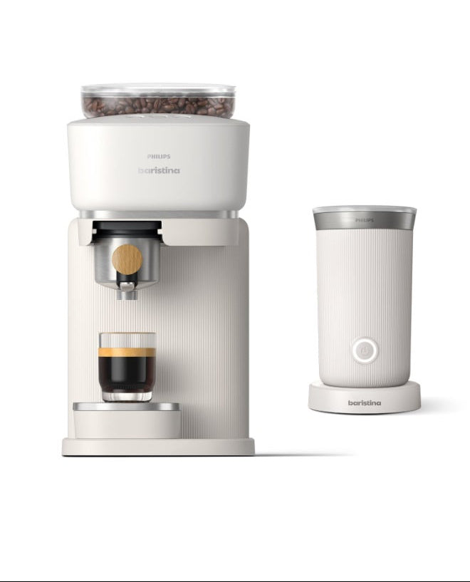 Philips Baristina Semi-Automatic Espresso Maker + Milk Frother Bundle – White