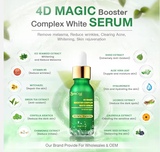 Sensorial 4D Magic Booster Complex White SerumPersonal CareThe excellent innovation of organic serum, Remove pigmentation, Rejuvenate and Recover damaged skin, Reduce wrinkles, Youthful, All completely benefit in one bottle. PRODUCT HIGHLIGHT: 100% organi