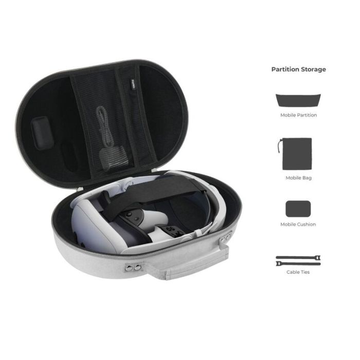 Meta Quest 3 Blupebble All in One Pebble Carry Case - WhiteReality GadgetsThis carrying case is specifically designed to perfectly fit your Meta Quest 3 headset, head strap, controllers, Its custom inlay and molding ensure that all parts are kept tidy and