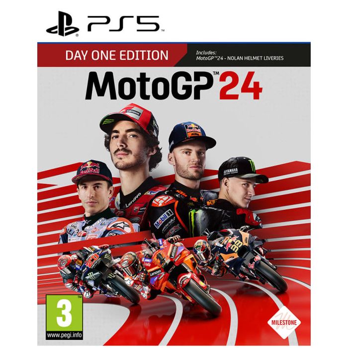 MotoGP 24 Day One Edition - PS5Video GamesHIT THE TRACK AND LIVE THE ULTIMATE MotoGP EXPERIENCE WITH OFFICIAL CONTENTS, THE BRAND-NEW RIDERS MARKET AND MUCH MORE EXCLUSIVE TO MotoGP 24The Official 2024 Championship in the palm of your hand with new featur