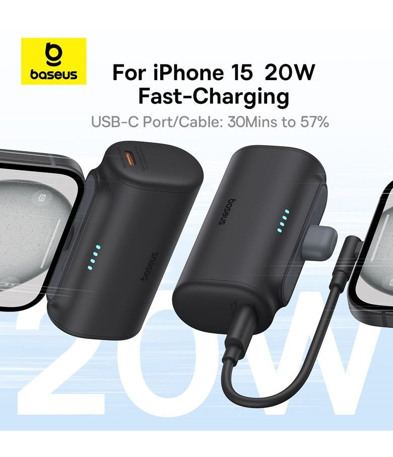 Baseus 5000mAh 20W Power Bank Built-In USB-C – No Cable Needed, Pocket Size, Fast Charge, Black