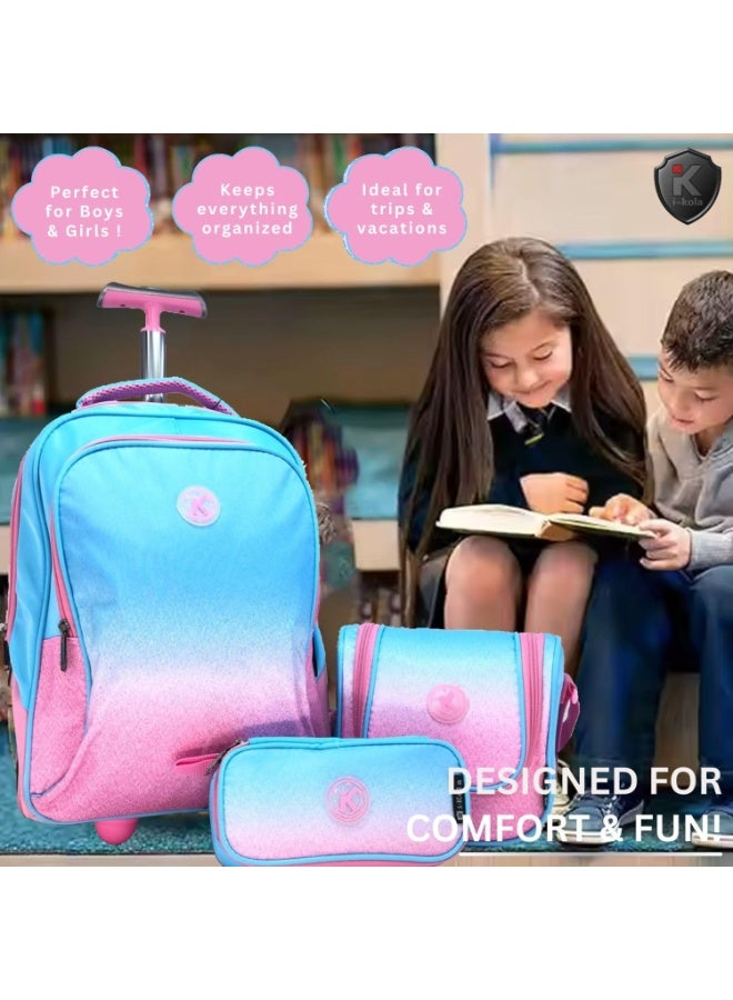 i-kola Blueish Pink 3pcs Kids Rolling School Bag Set - comfort & design 