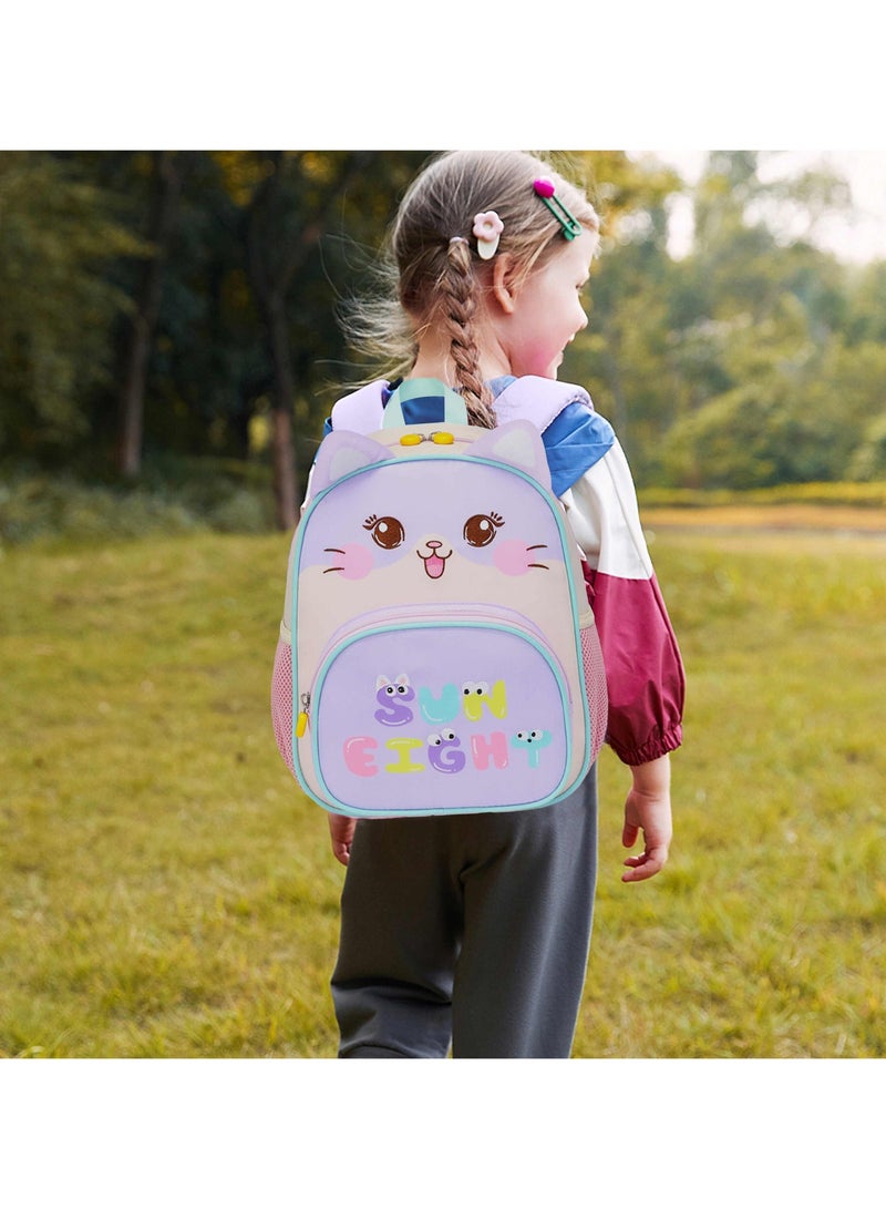 SUN EIGHT SE22207 Children's Preschool Backpack – Purple Cat, Water-Resistant Lightweight Polyester School Bag for Girls & Boys