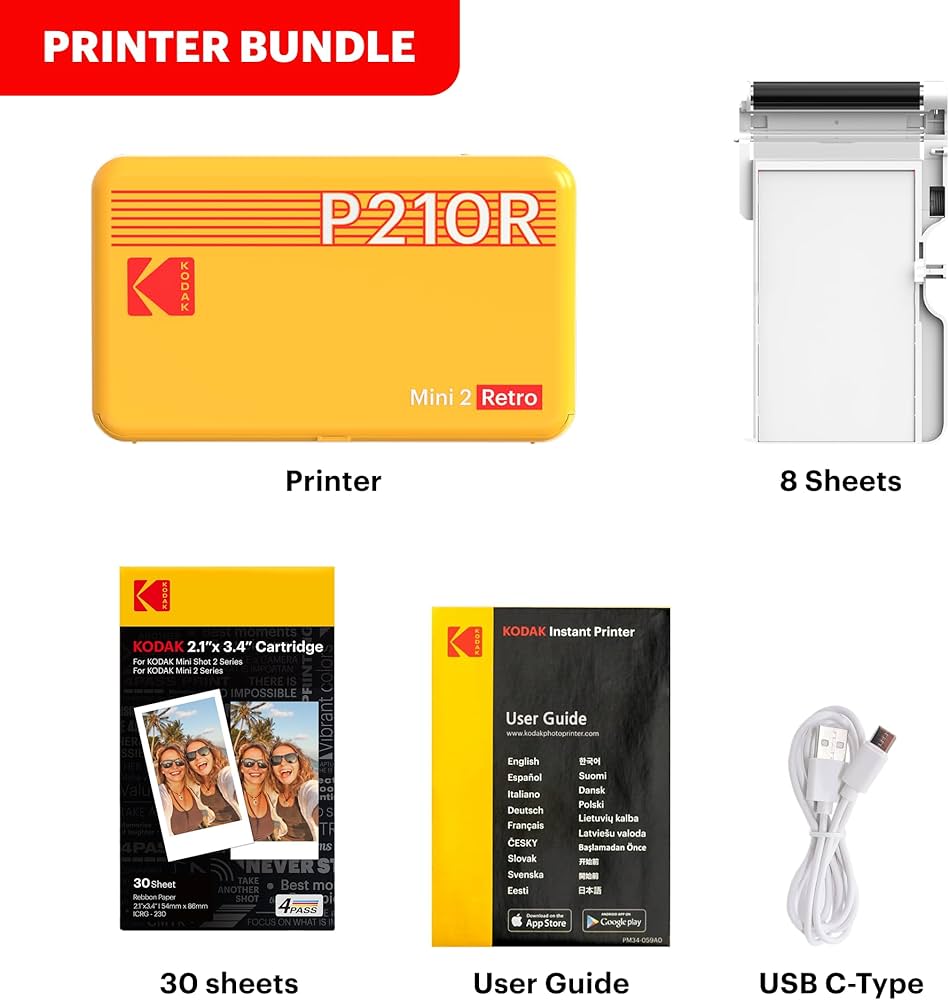 KODAK P210 Mini 2 Retro Mobile Photo Printer – Bluetooth Smartphone Printer, 4Pass Technology, 54×86mm Photos, 68 Sheets & 6 Cartridges