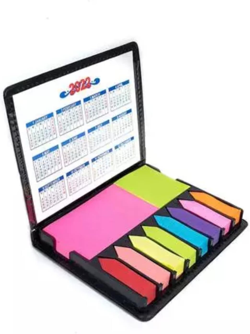 R H lifestyle Pu Leather Case 100 Sheet Sticky NotepadSchool Supplies2 Sticky Note Pads,8 index tab with 2023-24 Calendar in PU leather case Self Sticking Note Pad with bright neon colour 2 Sticky Note Pad (100 Sheet Per pad),arrow flags tabs( strips per
