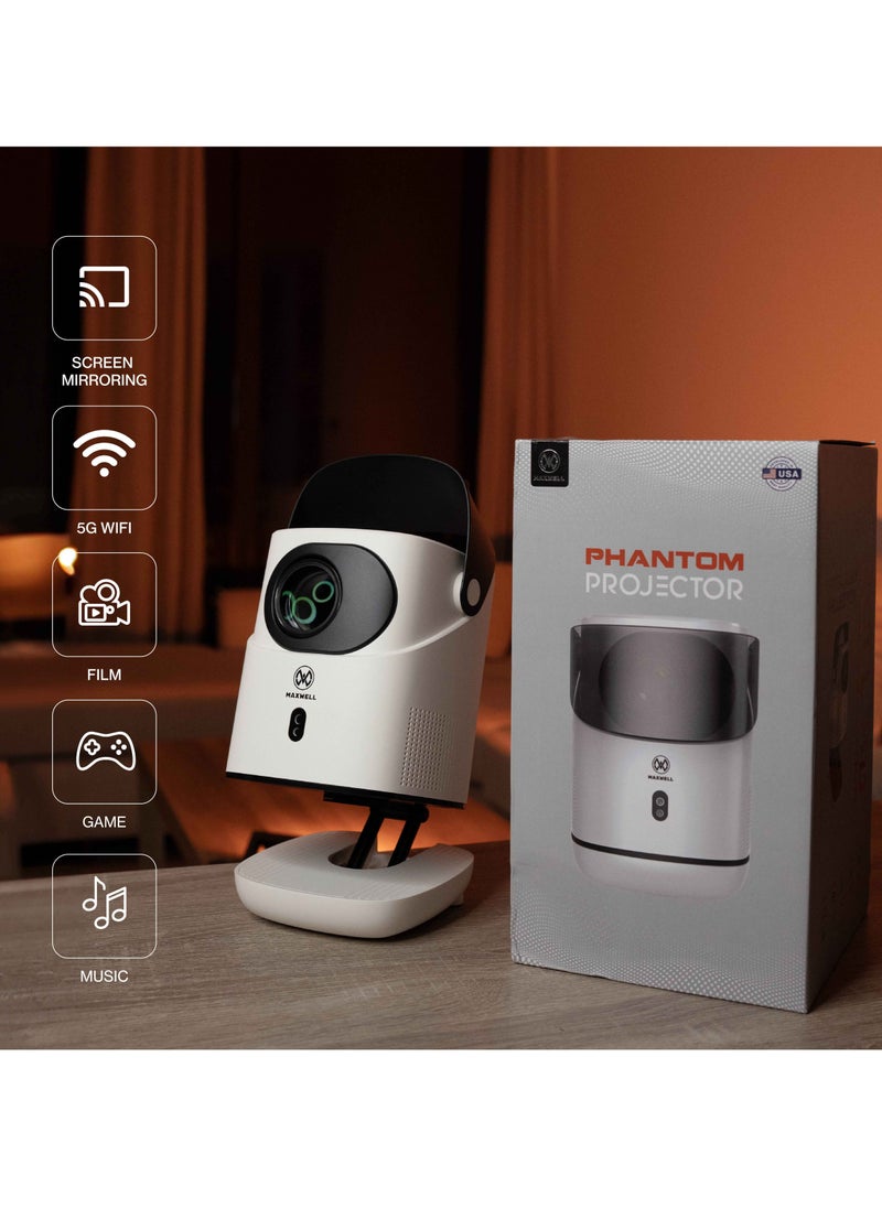 Maxwell Phantom Projector Supports 4k, Built-in Stand, Powerful Speaker, Full HD 1080P Resolution, Projector Keystone Correction, Outdoor/Home Cinema, Hi-Fi Sound System, 5G Wifi, Screen MirroringAudio & VideoBrand Maxwell Recommended uses for product Hom
