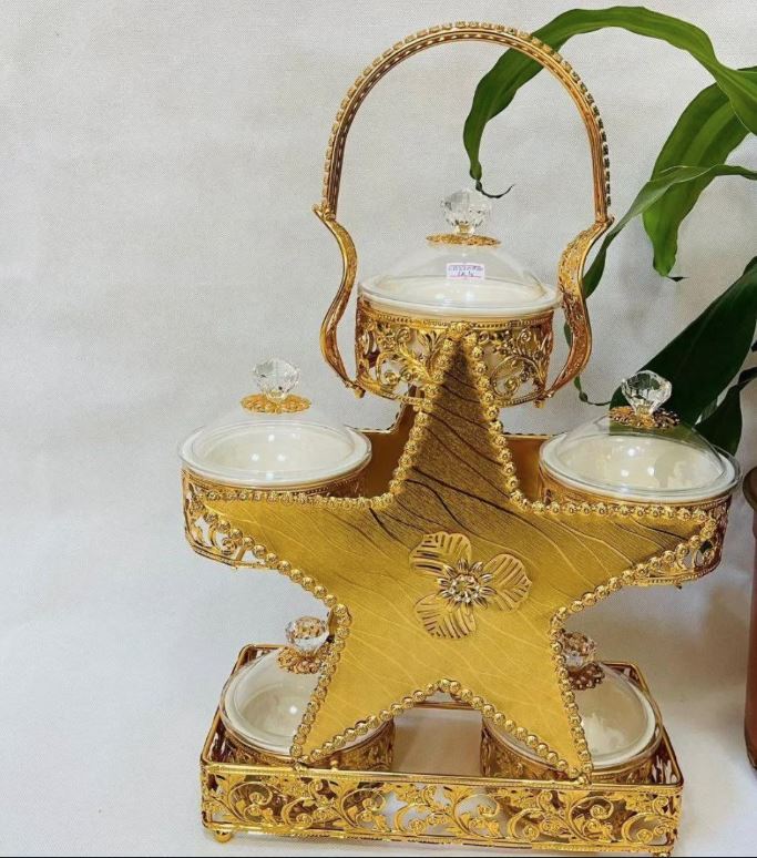 Luxury Gold Snack Serving Case | Decorative Multi-Compartment Dry Fruit & Sweet Storage Box with HandleKitchen StorageExpertly crafted for elegant dining, this Luxury Gold Snack Serving Case is the perfect addition to any table setting. Keep your dry frui