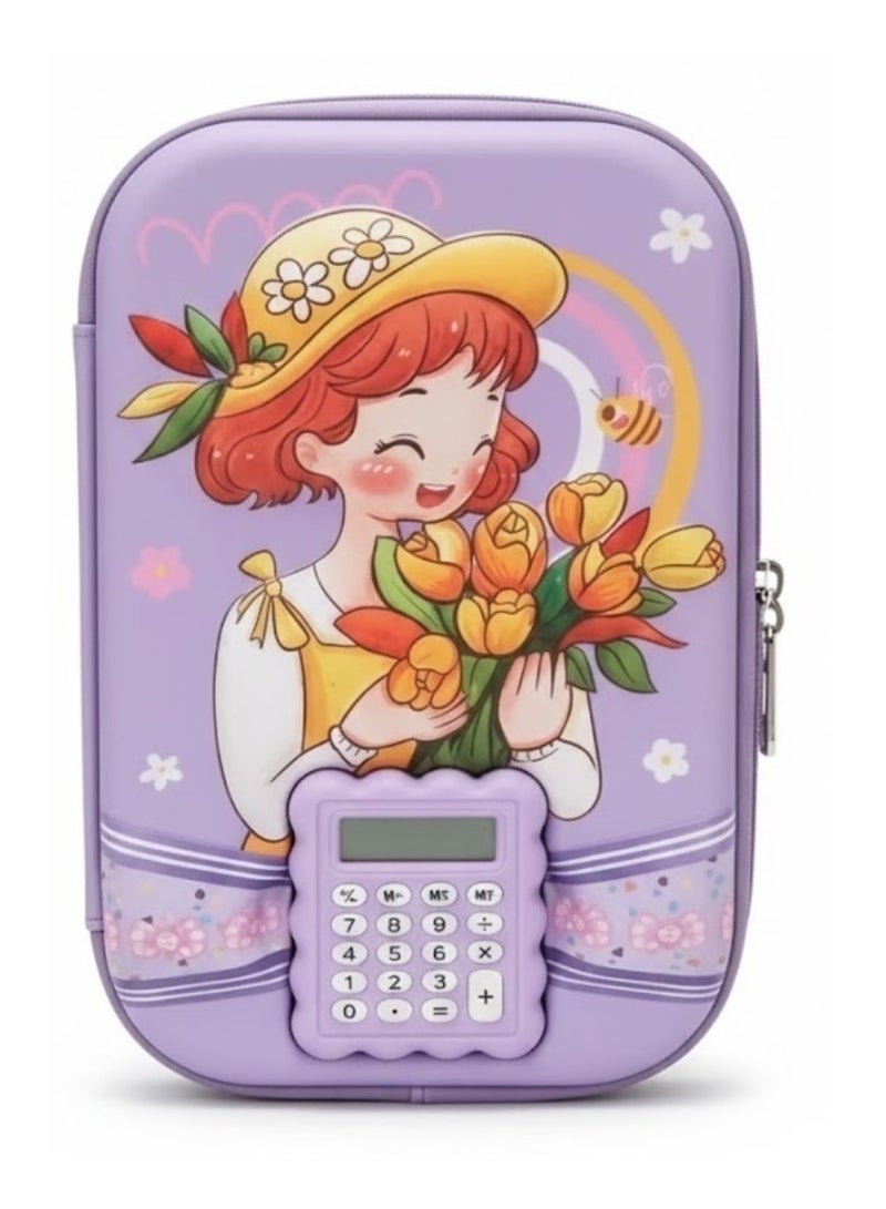 Lukadah Kids Pencil Case with Calculator – Purple Cartoon Pencil Box, Large Capacity Zipper Stationery Organizer for School, Kindergarten & Primary Students