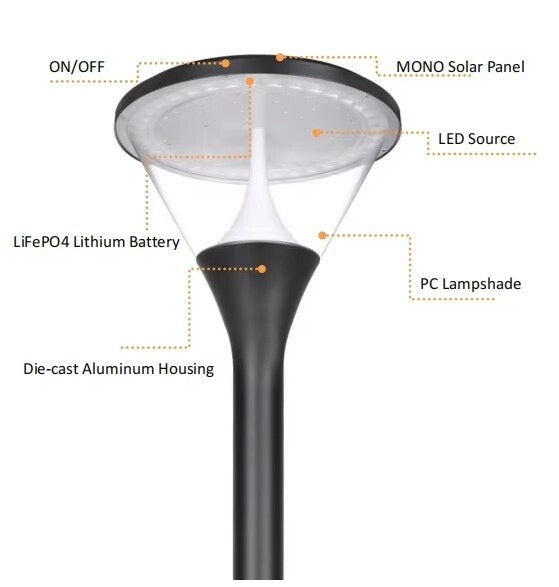 Solar LED Post Top Light 3000K Warm White – Solar Outdoor Garden Lamp, Waterproof, P18-1, 1 Year Warranty