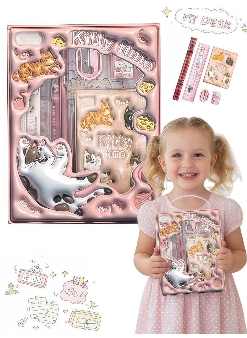 Generic Back to School Supply Kit for Girls – Pink Cat Stationery Set with Notebook, Pencils, Ruler, Eraser & Sharpener, Cute School Supplies
