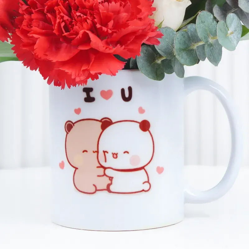 Valentine’s Day flower arrangement with roses and carnations