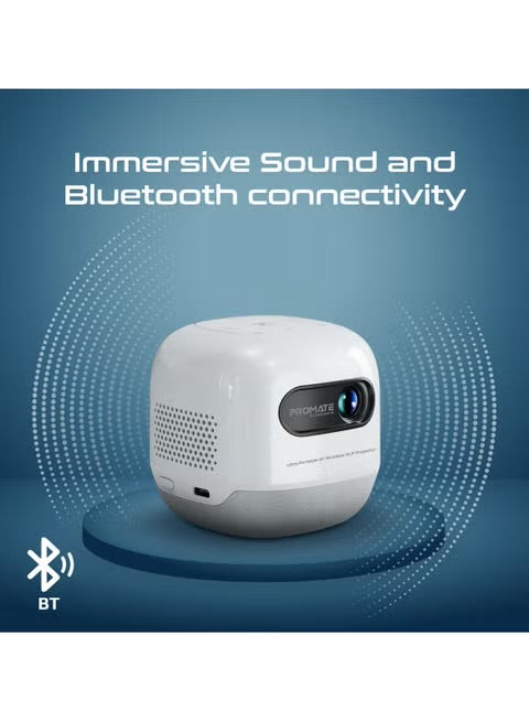 Promate CubeCast-2 Digital Mini Projector with DLP Technology, HD 720P Resolution, 4K@60Hz Support, Wireless Screen Sharing, Auto Keystone Correction, HDMI & USB Connectivity, Built-In Speaker, White