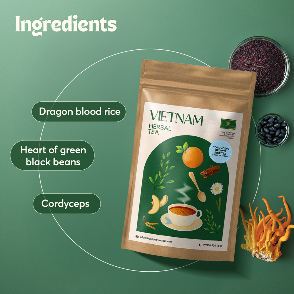 The Caphe Vietnam Cordyceps Brown Rice Tea (Mix of 3 Flavors) - 16 Sachets | For Wellness, Skin Health & Digestion | Variety Pack | Vietnamese Herbal Tea, Easy to Brew