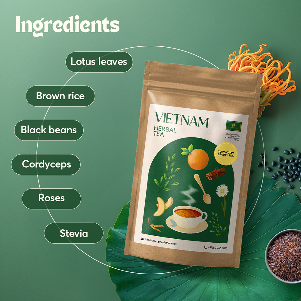 The Caphe Vietnam Cordyceps Beauty Tea - 20 Sachets | Premium Tea | Enhances Skin Health | Vietnamese Beauty Tea, Easy to Brew
