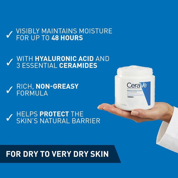 CeraVe Moisturizing Cream For Dry Skin With Hyaluronic AcidPersonal CareCeraVe Moisturizing Cream is a dermatologist-developed formula designed to provide intense hydration for dry to very dry skin. Enriched with Hyaluronic Acid and 3 Essential Ceramides