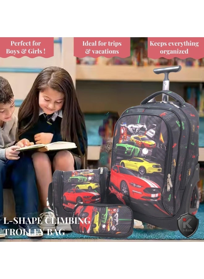 Children reading with a colorful backpack and rolling suitcase on a carpeted floor.