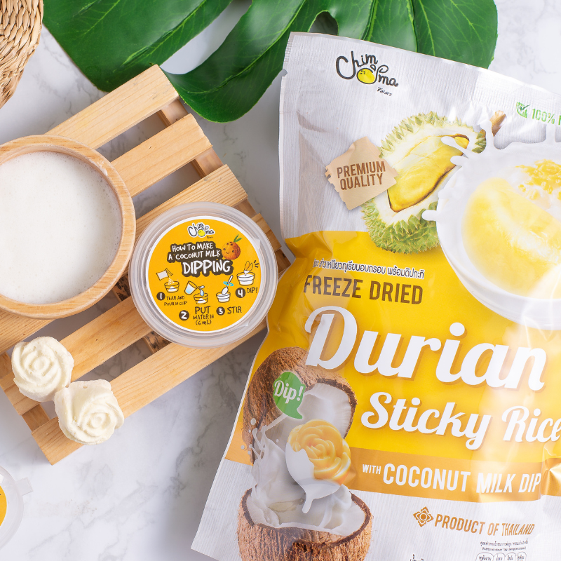 CHIMMA Durian Sticky Rice with Coconut Milk DipSnacksCHIMMA introduces the world's first Coconut Milk Dip Mango Dried Snack. We select the finest mangoes, processed to perfection for an irresistible flavor. Our authentic Thai mangoes are transformed into