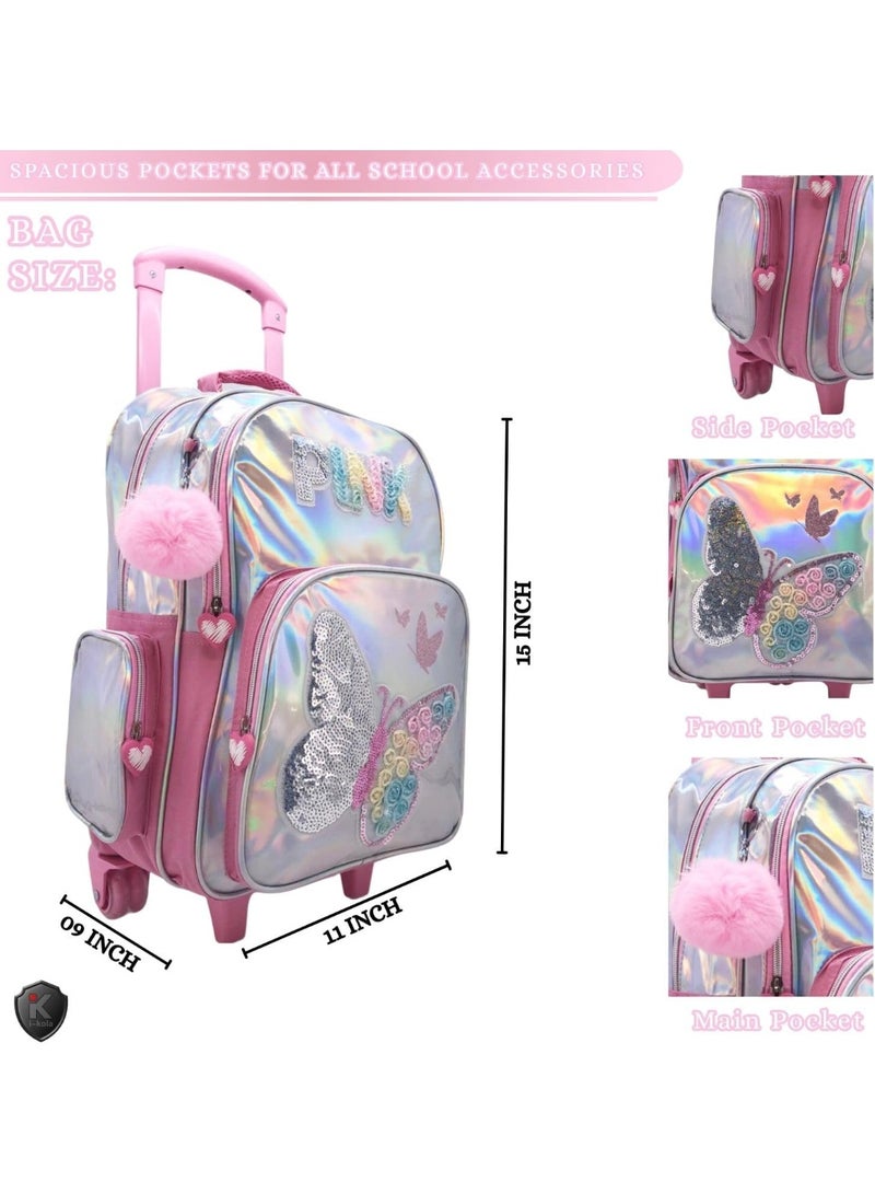 Children's suitcase with pink handle and wheels, featuring a butterfly design on a white background.