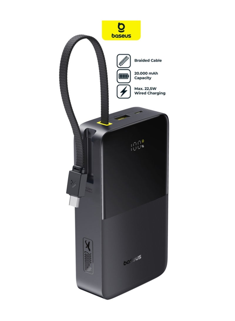 Baseus Qpow2 20000mAh Power Bank 22.5W – Built-In Braided USB-C, LED Display, Airline Approved, Cosmic Black