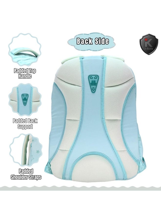 i-kola Light Blue 18" Stitch School Bag= Back view of a backpack with labeled features on a white background