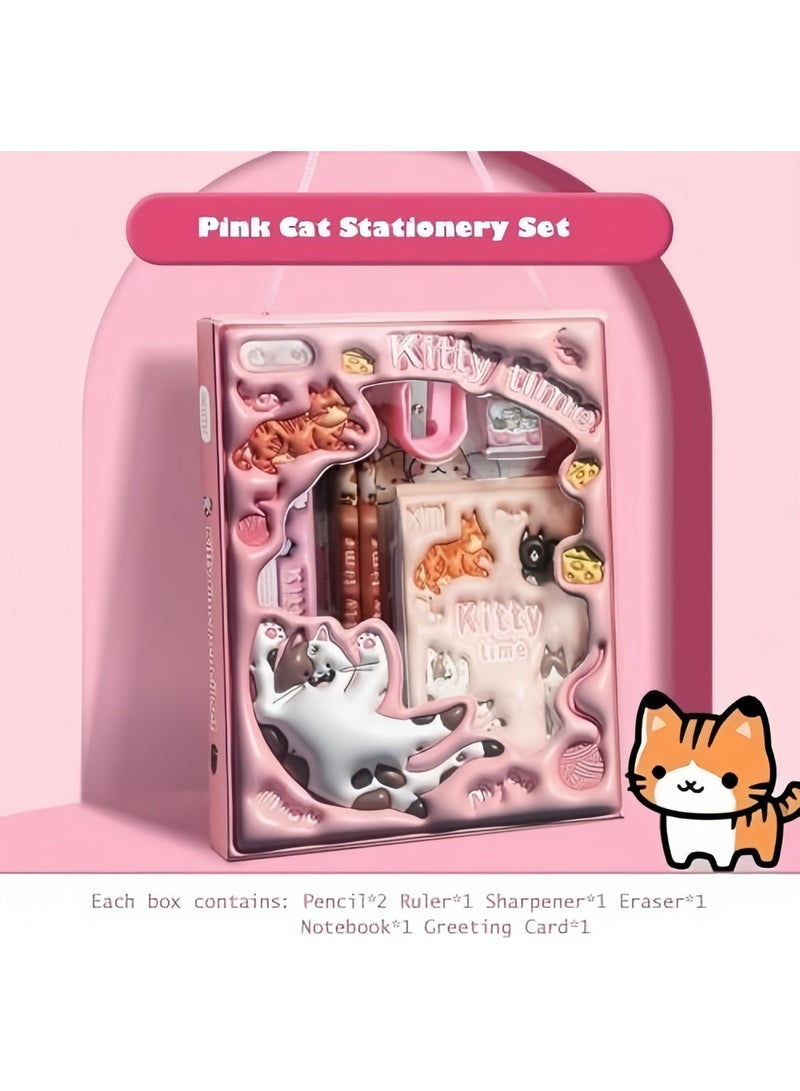 Generic Back to School Supply Kit for Girls – Pink Cat Stationery Set with Notebook, Pencils, Ruler, Eraser & Sharpener, Cute School Supplies