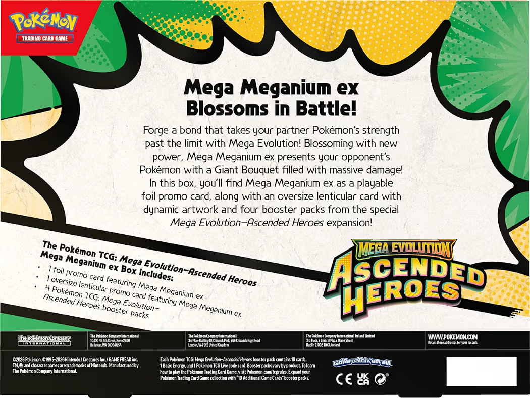 Pokémon TCG: Mega Evolution—Ascended Heroes Mega Meganium ex Box, Foil Promo Card, Oversize Lenticular Card & 4 Booster Packs, Official Pokémon Trading Card Game Collection