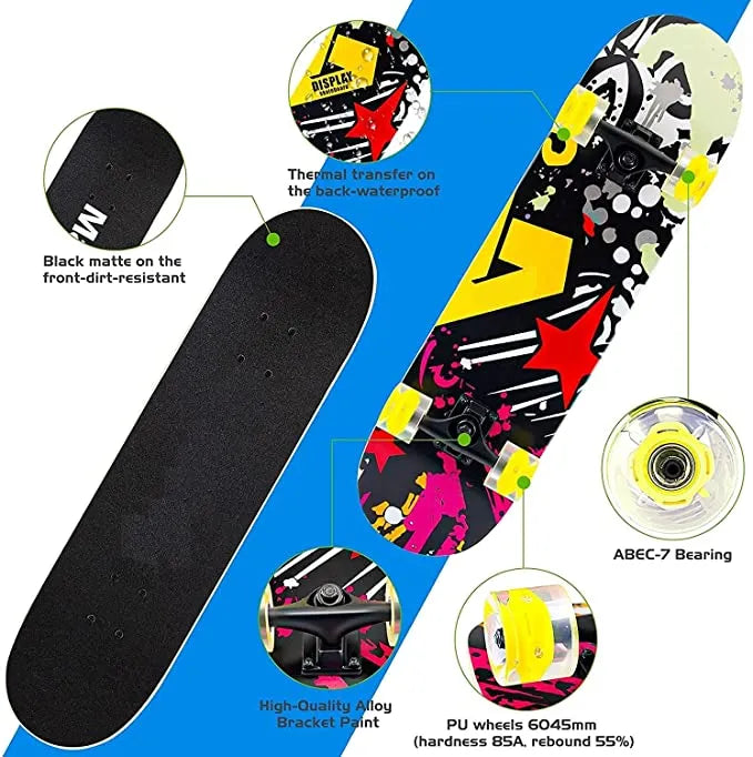Marshal Fitness Aluminum Base Anti Slip Skateboard, MF-0281 - MulticolorSports & FitnessEasy to use for Beginners - Basic skate board designed for beginners, youth, teenager or adults (men or women) to control and learn with the double kick decks. The eme