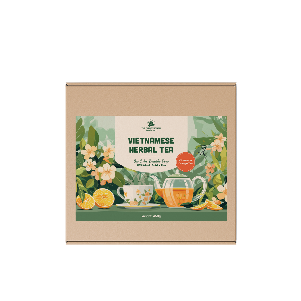 The Caphe Vietnam Coffee & Tea Gift Set | Yellow Process Coffee 250g | Cinnamon Orange Herbal Tea | Vietnamese Phin Filter (Red) | Traditional Drip Experience