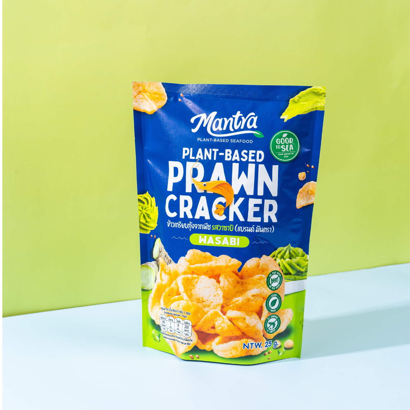 MANTRA Plant-Based Prawn Cracker 25G - Wasabi FlavorSnacksFor those who love a spicy kick! These crackers are infused with a zesty wasabi flavor, adding a bold and slightly fiery taste that pairs perfectly with the light crispiness. A must-try for spice l
