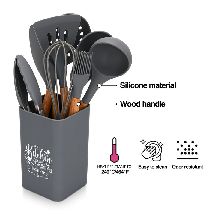 Fissman 9-Piece Kitchen Utensil Set with Holder Rack – Silicone Cooking Tools with Wooden Handles, Heat-Resistant, Non-Stick Safe