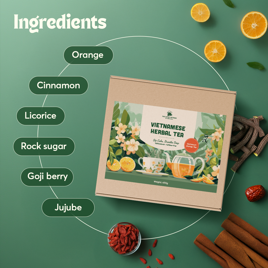 The Caphe Vietnam Cinnamon Orange Herbal Tea - 15 Sachets | Premium Tea | Reduces Stress | Vietnamese Orange Tea, Easy to Brew