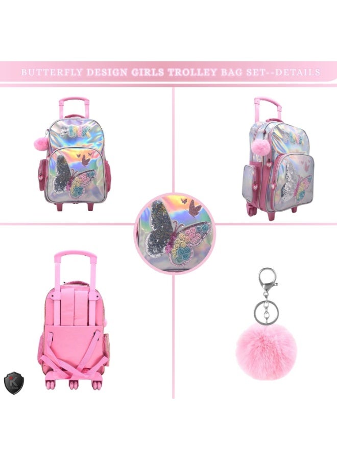 Butterfly design girls trolley bag set with keychain on a white background