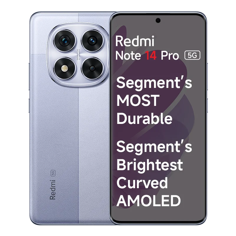 Redmi Note 14 Pro 5G – 8GB/256GB, 50MP Sony LYT-600 OIS, 1.5K Curved AMOLED, 5500mAh, IP68, Phantom Purple, Indian Version