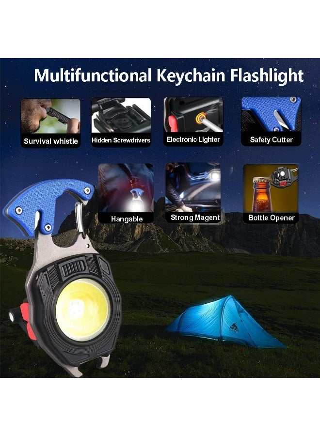 Keychain Work Light Keychain Flashlights 7 Light Modes ,COB Multi-Function Mini Work Light with Electric Lighter, Seat Belt Cutter, Screwdriver, Whistle