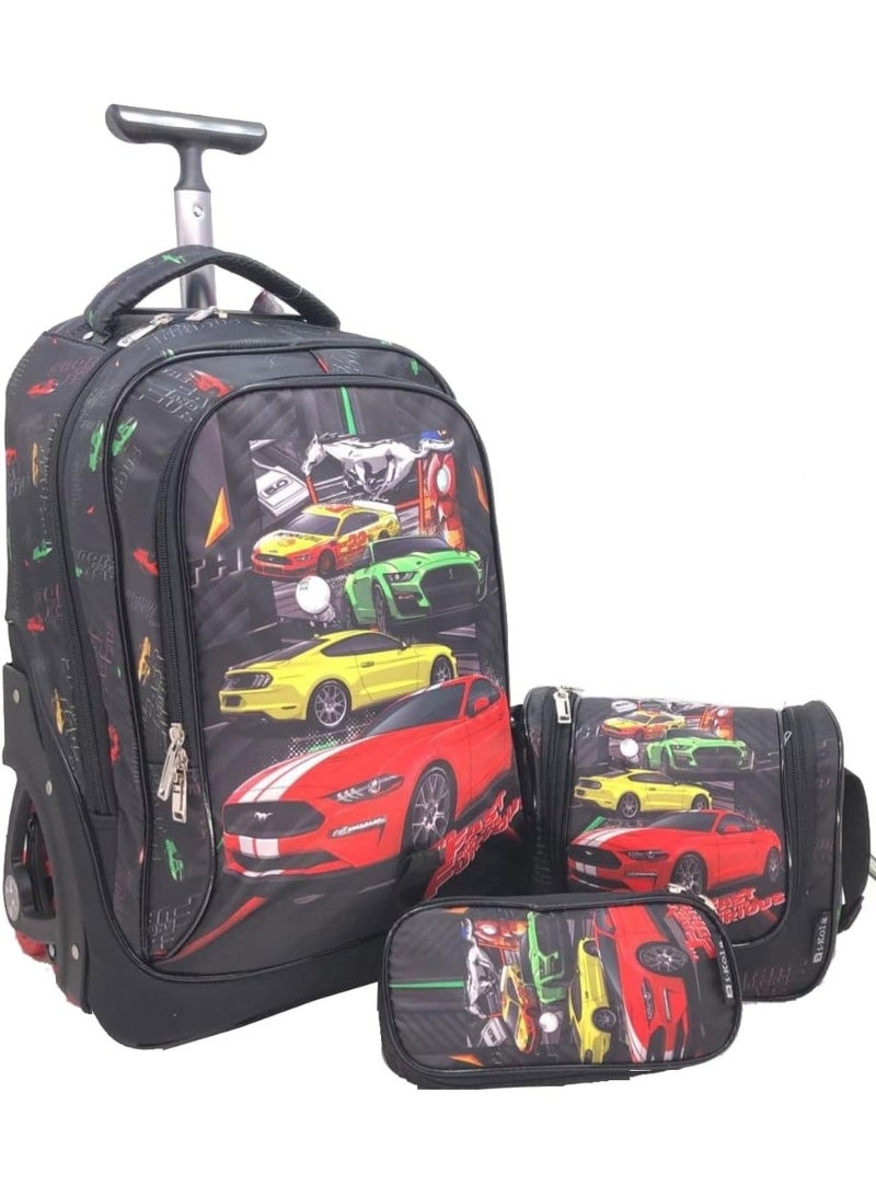 Backpack with car design and matching pouch on a white background