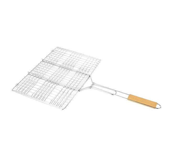 Royalford Chromium-Plated Iron BBQ Grill Basket – Silver/Brown, 30 × 40 × 58 cm