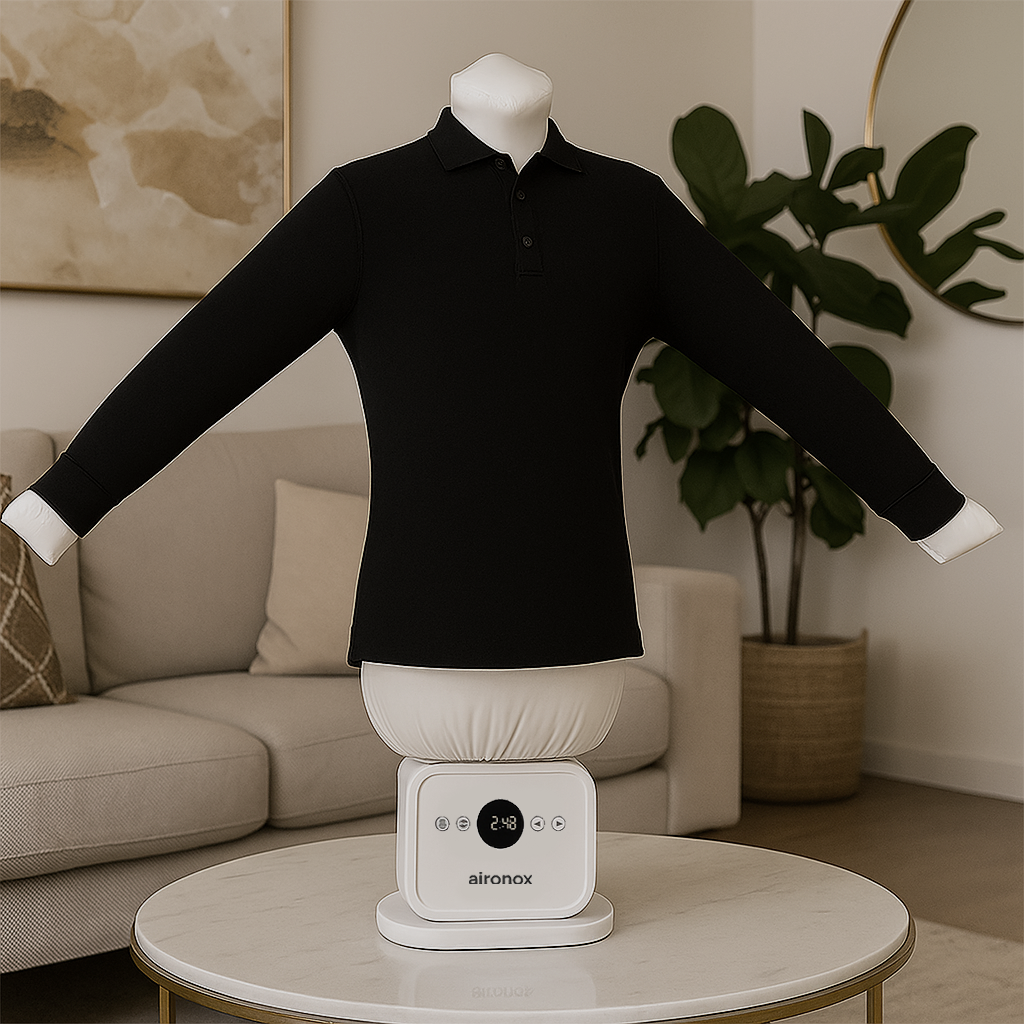 Automatic ironing machine drying and pressing shirt with warm air inflation system