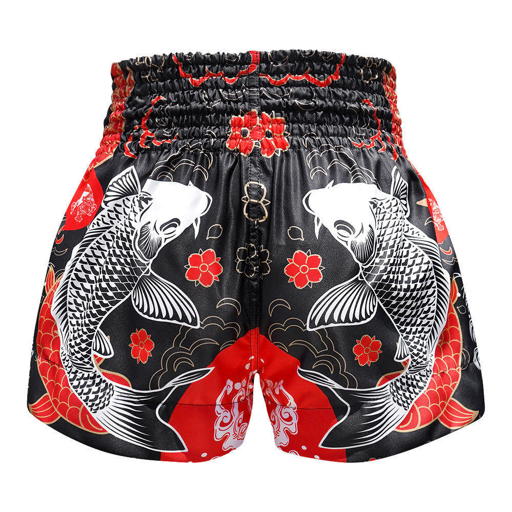 Muay Thai Boxing Shorts Black Japanese Koi FishSports & FitnessInspired by Japanese - style patterns with autumn scenery, cherry blossoms, cranes, and maple leaves. In fall, it is the cycle of maturity. It focuses on the mortality of life, emphasizing how