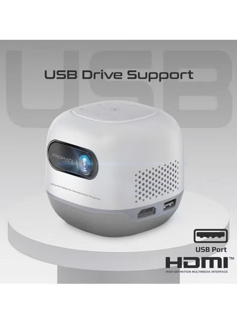 Promate CubeCast-2 Digital Mini Projector with DLP Technology, HD 720P Resolution, 4K@60Hz Support, Wireless Screen Sharing, Auto Keystone Correction, HDMI & USB Connectivity, Built-In Speaker, White