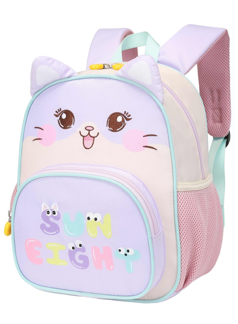 SUN EIGHT SE22207 Children's Preschool Backpack – Purple Cat, Water-Resistant Lightweight Polyester School Bag for Girls & Boys