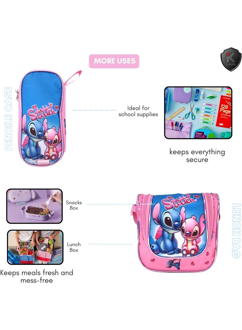 i-kola 3pcs Stitch Pink Kids Rolling School Bag Set - showing its uses for school supplies, keeping things secure, snack box, and lunch box.