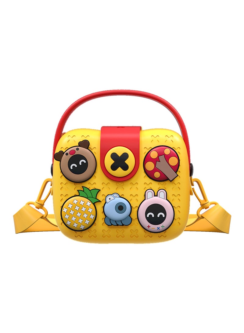 Yellow children's bag with colorful animal faces and a red handle on a white background