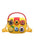 Yellow children's bag with colorful animal faces and a red handle on a white background