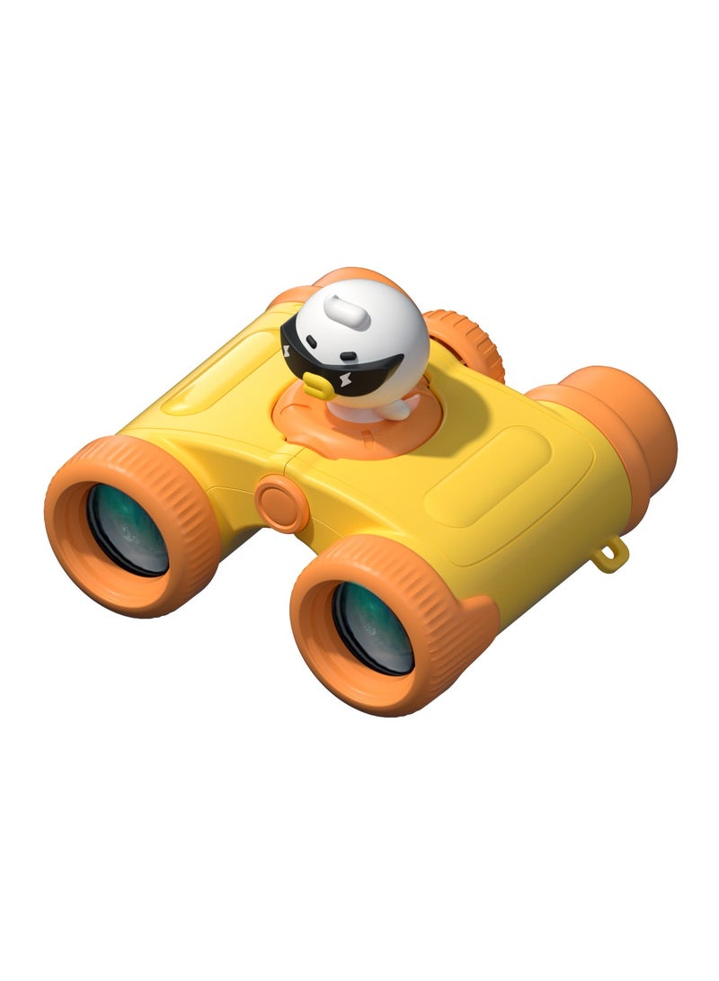 Yellow and orange binoculars with a small robot figure on top against a white background