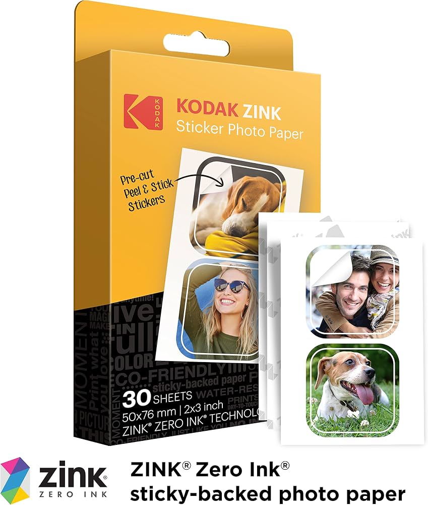 Kodak 2 x 3 Inch ZINK Pre-Cut Sticker Photo Paper, 30 Sheets – Glossy Adhesive-Backed Paper for Kodak Step Printer