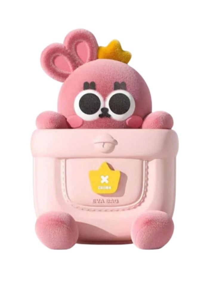Pink plush toy with a crown and backpack on a white background