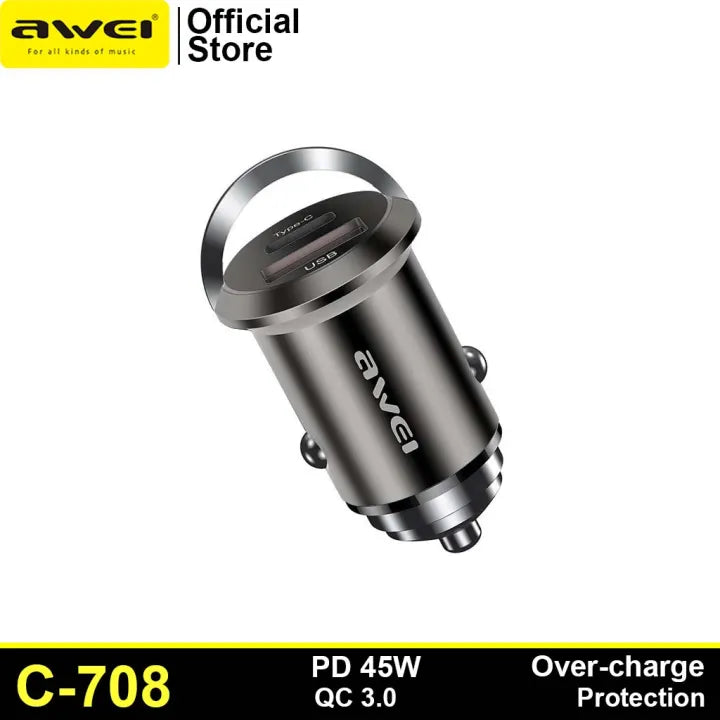 AWEI C-708 Car charger SilverCar AccessoriesDual Port Charging: Equipped with USB-C and USB-A ports for versatile charging options. 45W Total Output: Delivers efficient power to charge smartphones, tablets, and other devices rapidly. Fast-Charging Protoco