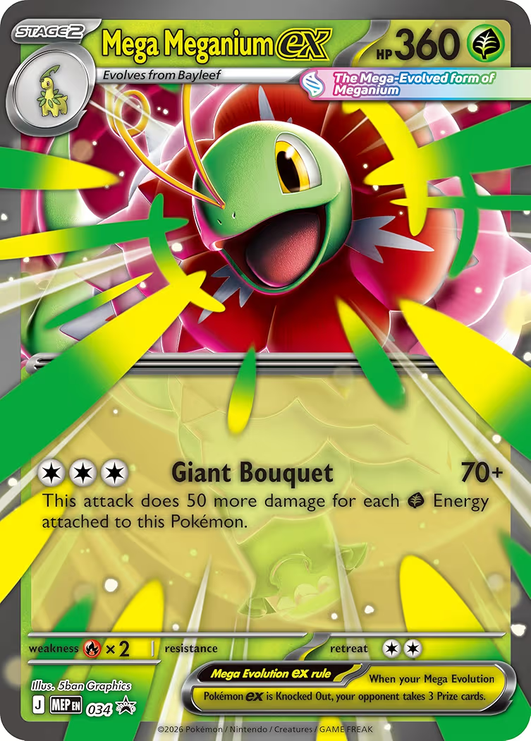 Pokémon TCG: Mega Evolution—Ascended Heroes Mega Meganium ex Box, Foil Promo Card, Oversize Lenticular Card & 4 Booster Packs, Official Pokémon Trading Card Game Collection