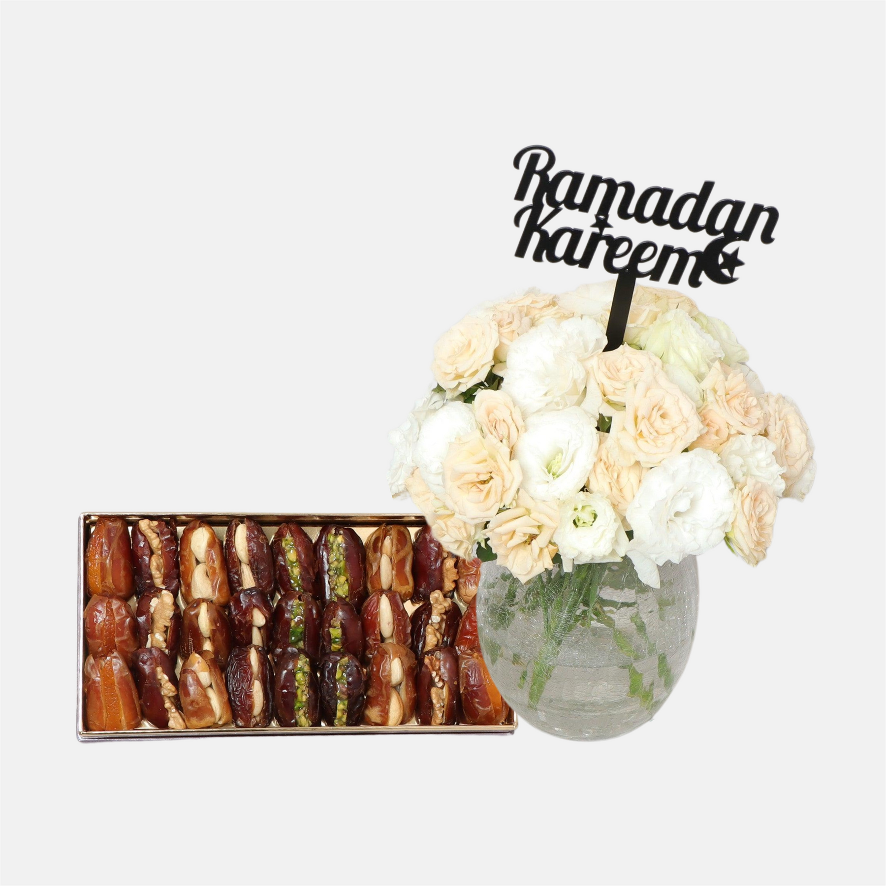 Lite Flower Vase and Stuffed Dates 0.5 KgFlowersIntroducing your go-to Ramadan traditional spring flowers and festive stuffed dates. Order this fabulous combination and have it delivered to your loved ones' homes to add joy and sweetness to their holly mo